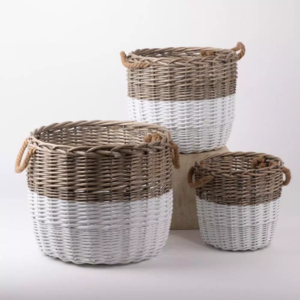 Glitzhome Natural Round Wicker Willow Baskets with Rope Handles, Set of 3, Farmhouse Style