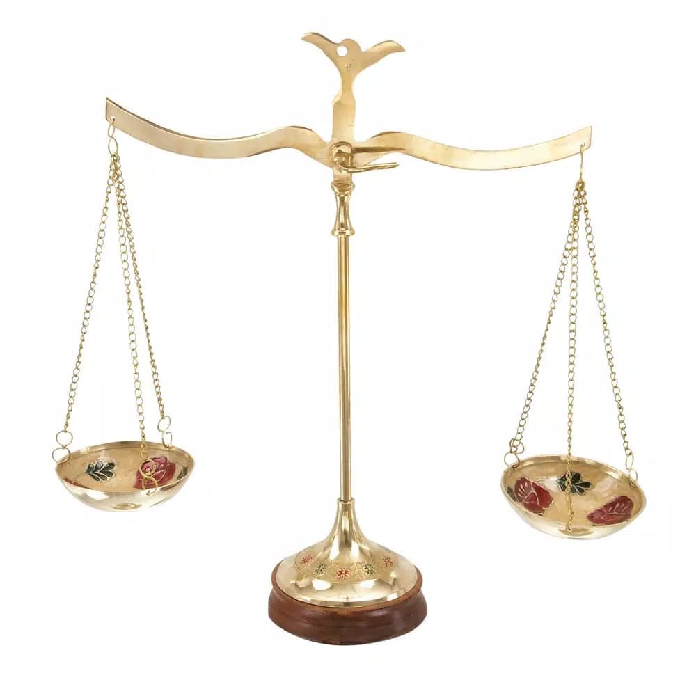 LITTON LANE 12 in. Polished Brass Equilibrium Scale Decor with Floral Embroidery and Wood Base
