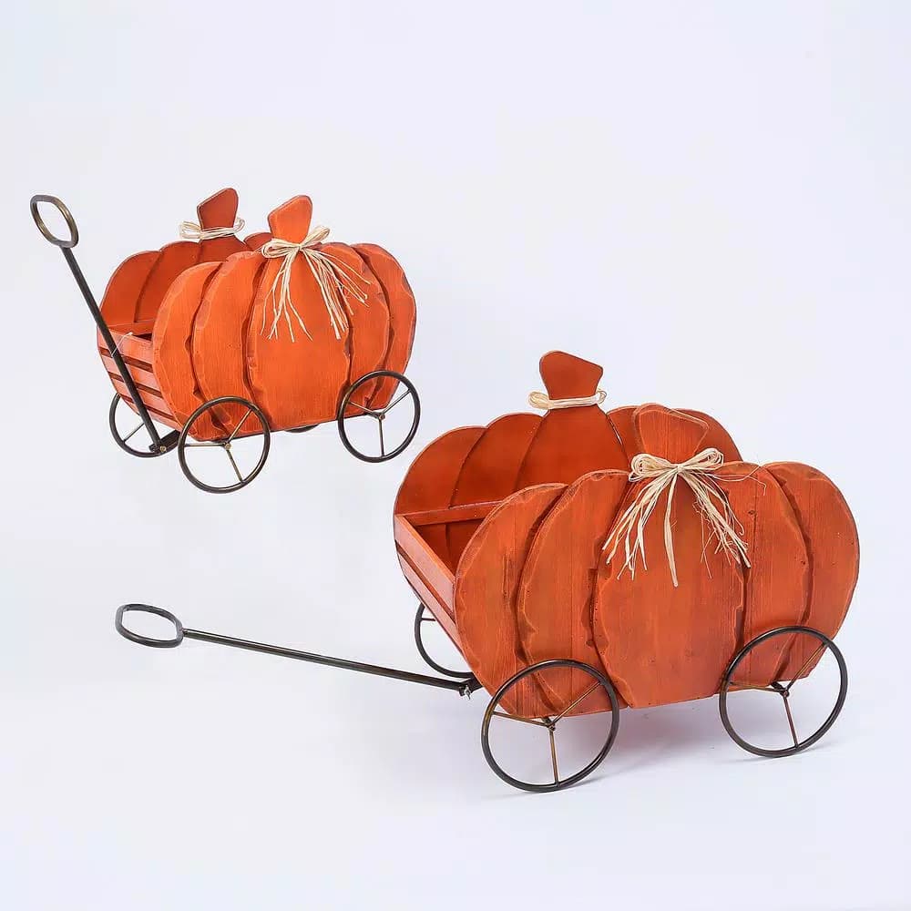 Gerson Assorted 21.85 in. Nesting Wood Pumpkin Wagons, Set of 2
