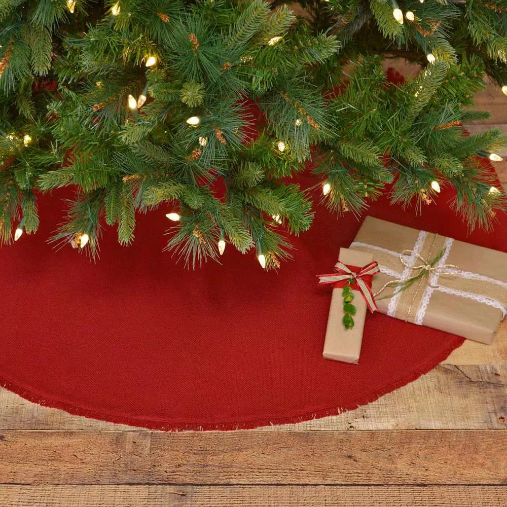VHC Brands 48 in. Red Festive Burlap Farmhouse Christmas Tree Skirt with Taffeta Reverse