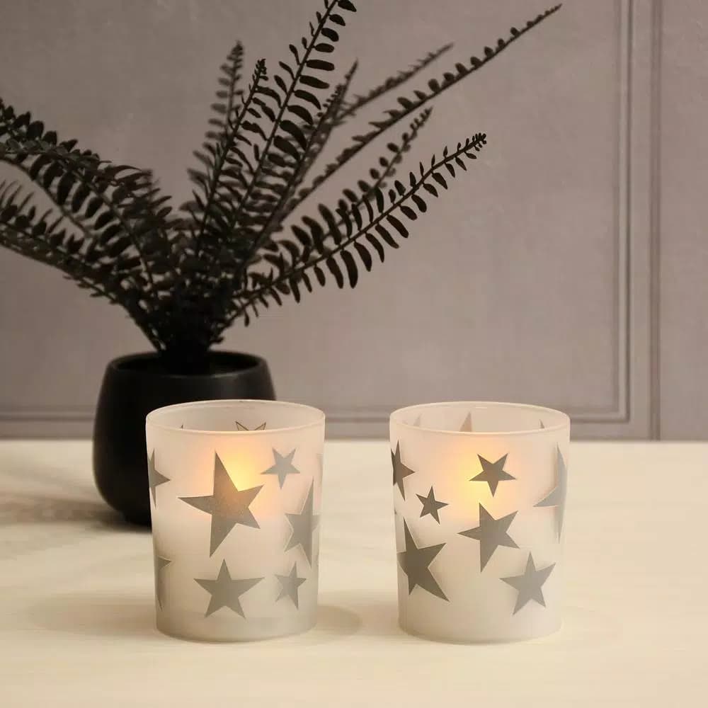 LUMABASE Silver Stars Frosted Glass LED Battery Operated Candles, 2-Count