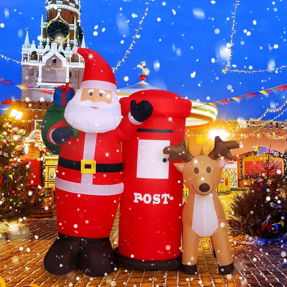 JOYDECOR 6 ft. Santa Claus with Postbox and Reindeer Christmas Inflatable with LED Lights