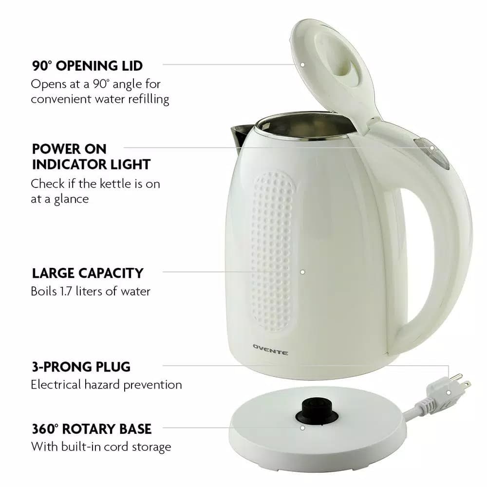 Ovente 1.7L Electric Kettle, White Stainless Steel BPA-Free Water Boiler with Auto Shut-Off