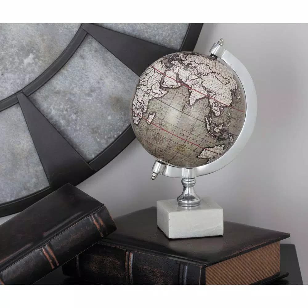 LITTON LANE 11 in. Modern Decorative White and Silver Globe with Stoneware Base