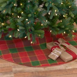 VHC Brands 55 in. Tristan Cherry Red & Shamrock Green Plaid Christmas Tree Skirt with Gold Trim thumbnail 3