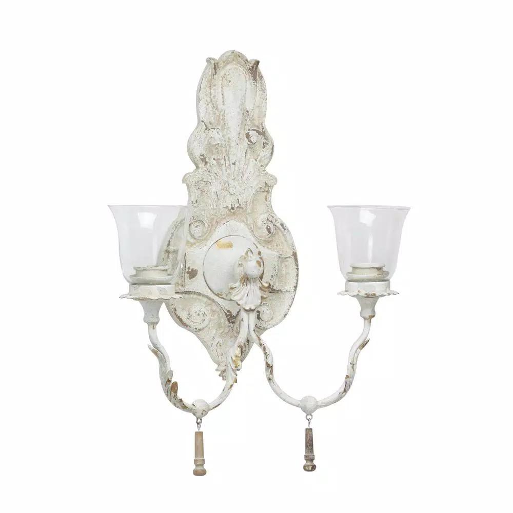 LITTON LANE Distressed White 2-Light Candle Sconce with Acanthus Carvings and Wood Bead Accents