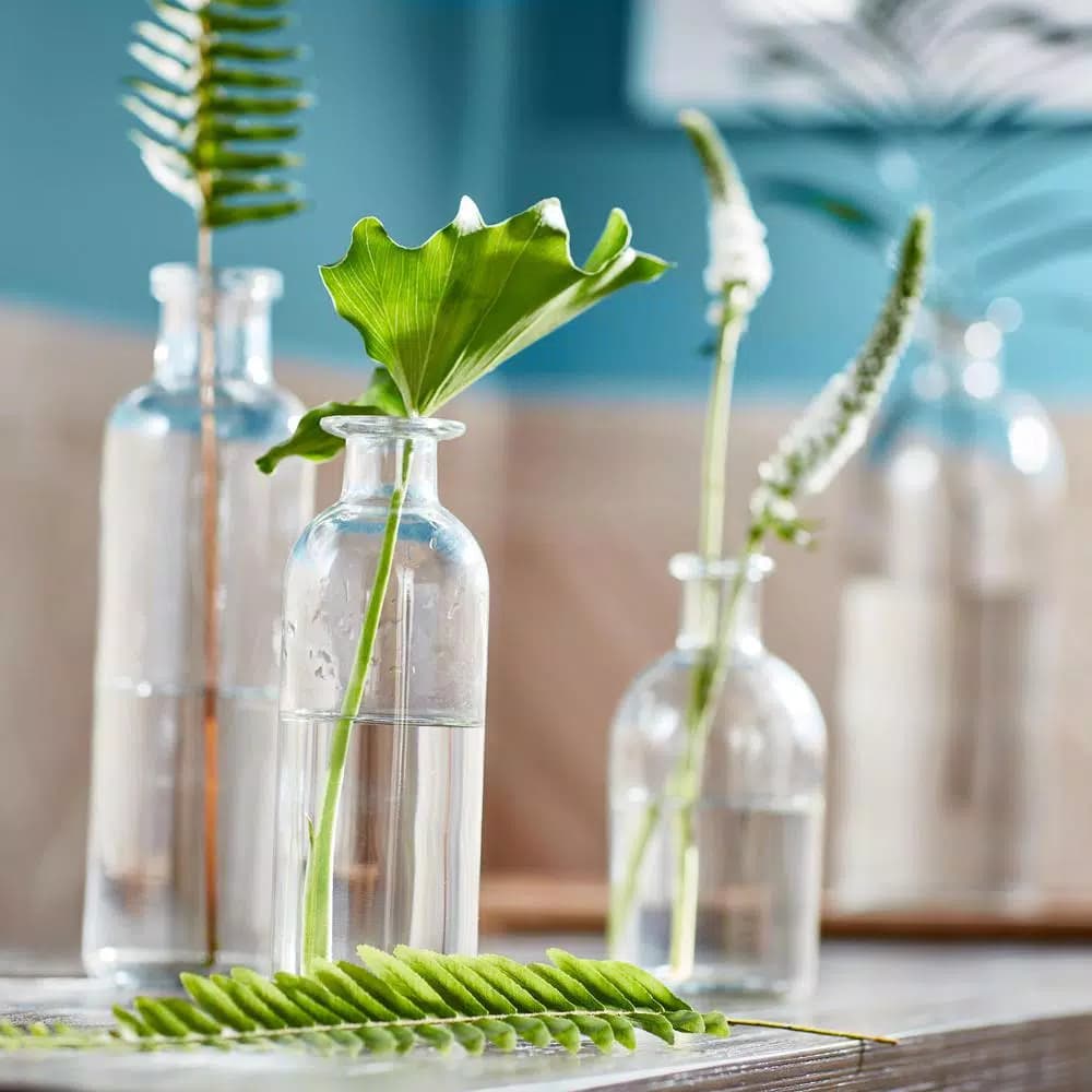 3R Studios 6-Piece Glass Bottle Vase Set with Wood Tray - Farmhouse Style Decorative Centerpiece