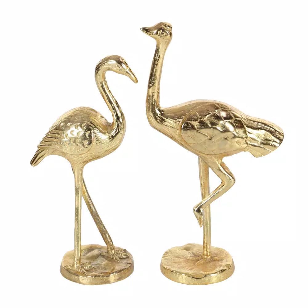 LITTON LANE 14 in. Flamingo Aluminum Decorative Sculpture Set in Gold (Set of 2)
