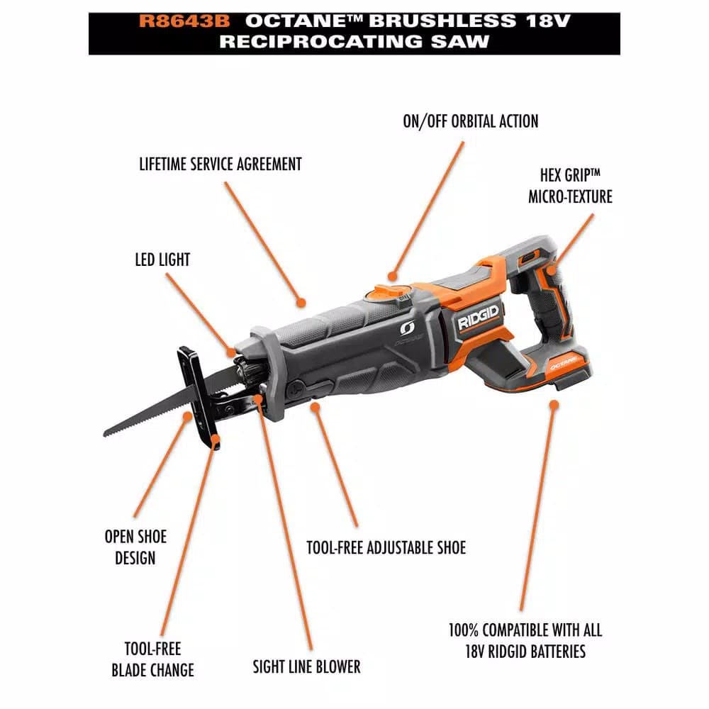 RIDGID 18V OCTANE Brushless Cordless Reciprocating Saw (Tool-Only) with Blade