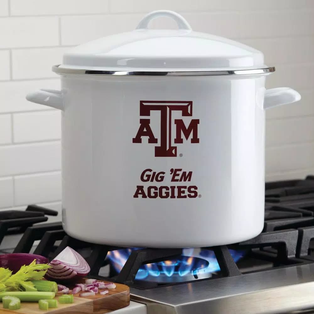 College Kitchen Collection Texas A&M University 12 Qt. Porcelain-Enameled Steel Nonstick Stock Pot with Lid, White
