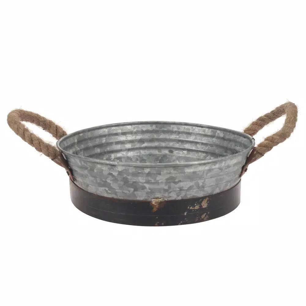 Stonebriar Collection 10 in. Round Galvanized Metal Decorative Tray with Rope Handles, Rustic Farmhouse Style
