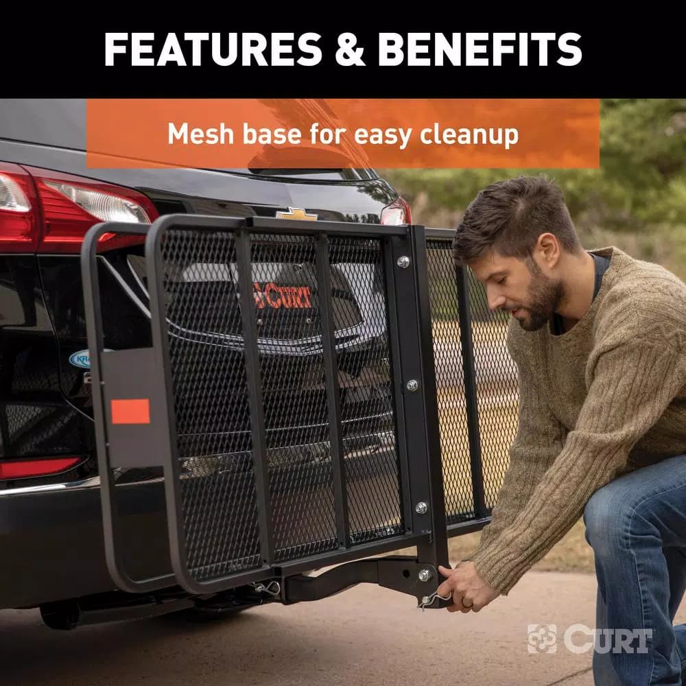 CURT 60" x 24" Black Steel Basket Cargo Carrier with 2" Folding Shank, 500 lbs. Capacity