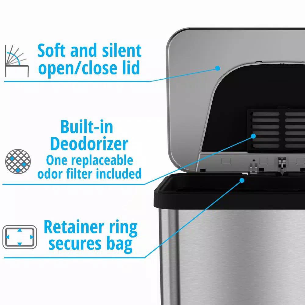 Halo TapCan 13 Gallon Smart Step Pedal Sensor Trash Can, Brushed Stainless Steel with Black Trim