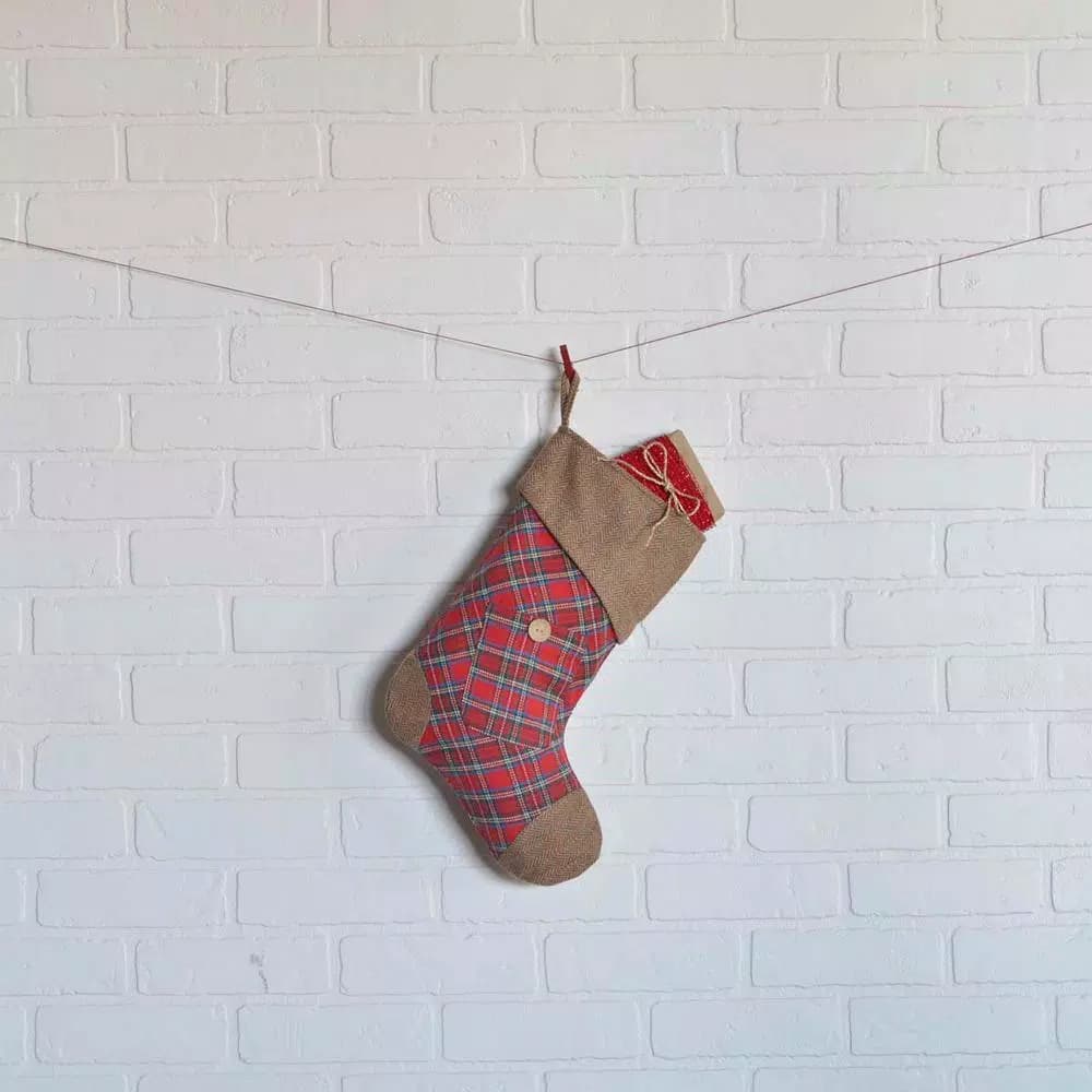 VHC Brands 15 in. Gavin Cherry Red Plaid Cotton Christmas Stocking with Herringbone Felt Accents