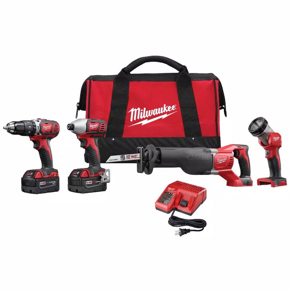 Milwaukee M18 18V Lithium-Ion Cordless 4-Tool Combo Kit with (2) 3.0 Ah Batteries, Charger, and Tool Bag