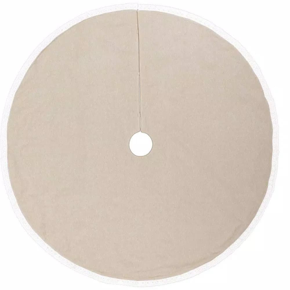 VHC Brands 48 in. Grey Margot Farmhouse Christmas Tree Skirt with Diamond Lace and Chambray