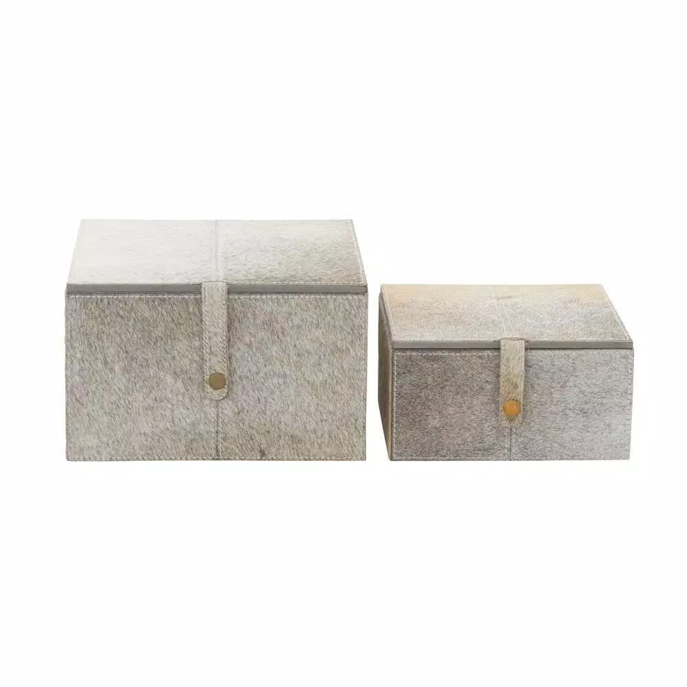 LITTON LANE Natural Reflections Gray Real Leather Hide Decorative Box Set of 2