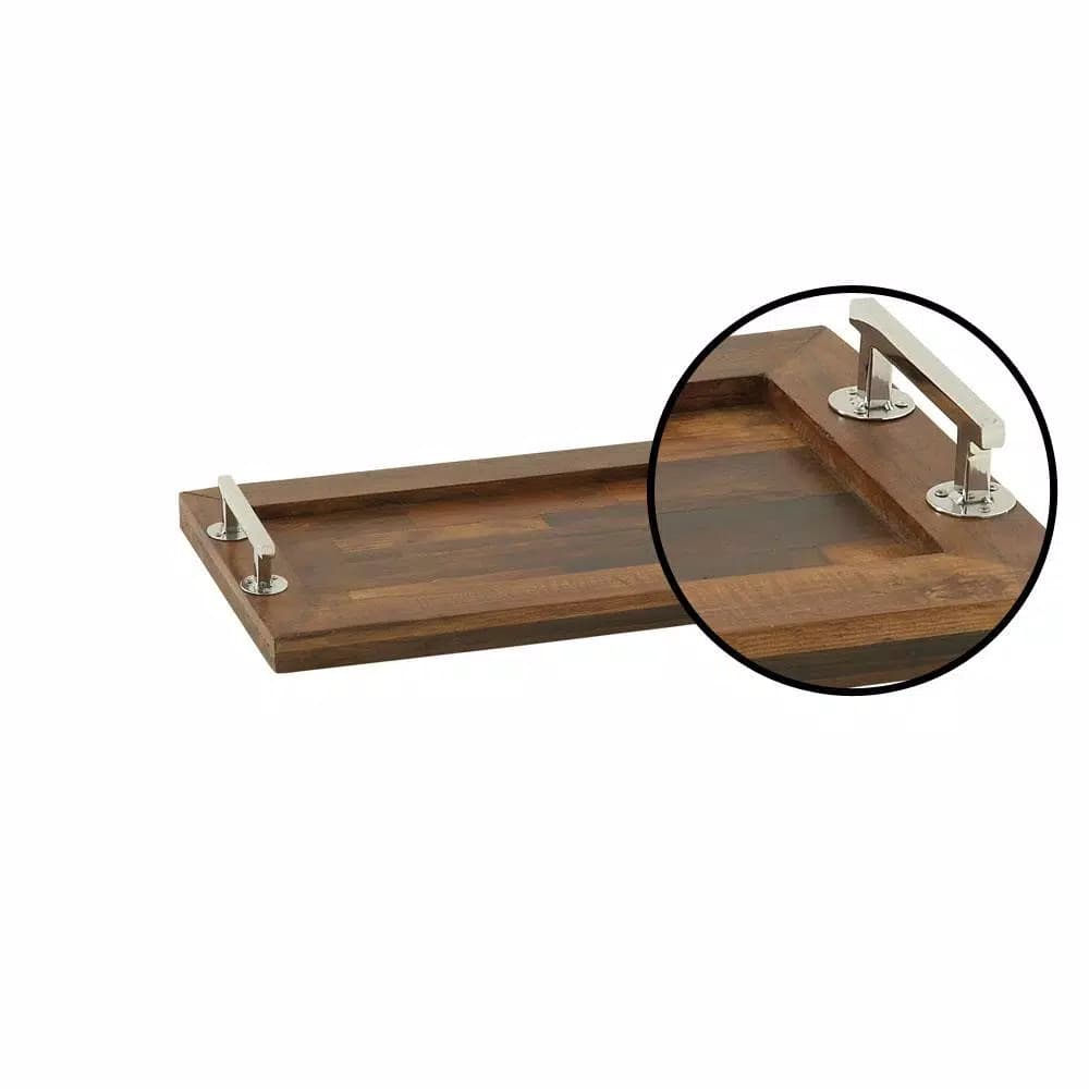 LITTON LANE 22-Inch Mango Wood Rectangular Tray with Stainless Steel Handles - Cherrywood Finish