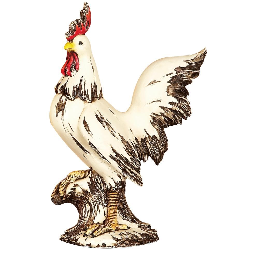 LITTON LANE 15 in. Rooster Decorative Sculpture - White, Red, and Brown Farmhouse Statuary