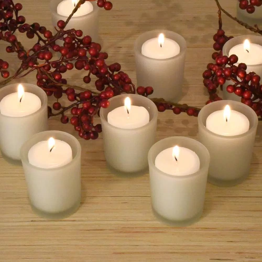 LUMABASE 12-Piece White Votive Candle Set with Frosted Glass Holders, 15-Hour Burn Time, Unscented Paraffin Wax