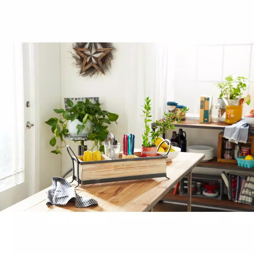 LITTON LANE Rustic Elegance 23" Wood and Iron 3-Compartment Rectangular Farmhouse Tray
