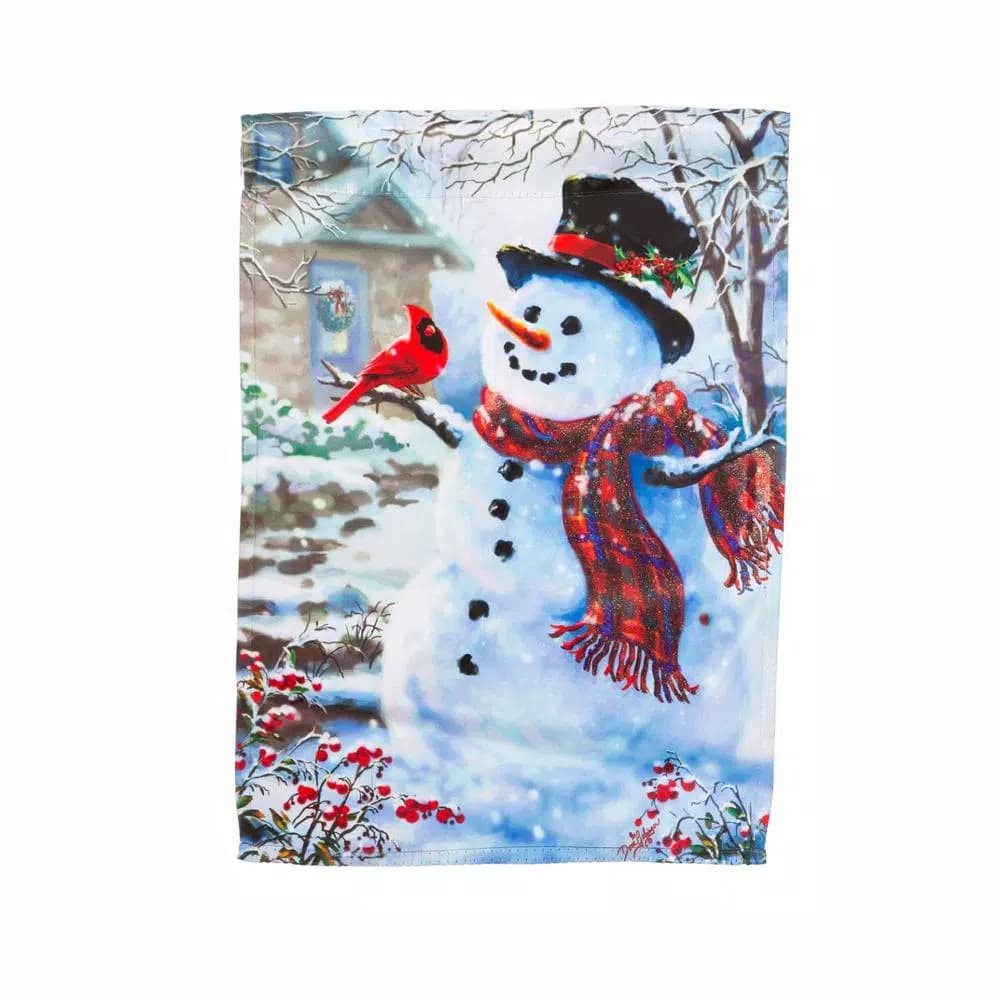 Evergreen 28 in. x 44 in. Snowman and Feathered Friend Christmas Flag, Double-Sided Indoor/Outdoor
