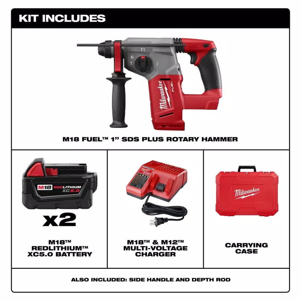 Milwaukee M18 FUEL 1 in. SDS-Plus Cordless Rotary Hammer Kit with Two 5.0 Ah Batteries and Charger