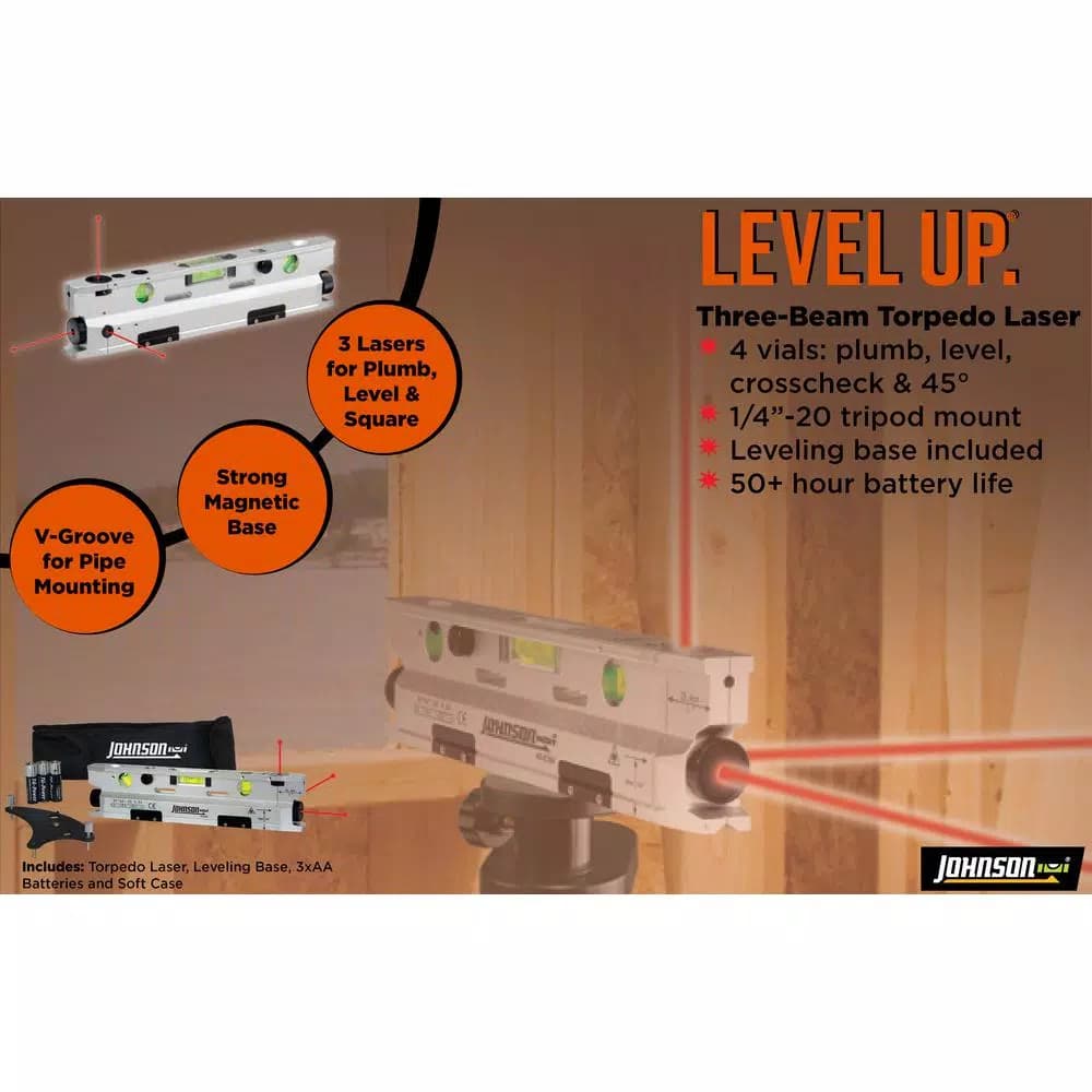 Johnson 3-Beam Magnetic Torpedo Laser Level with Anodized Aluminum Frame