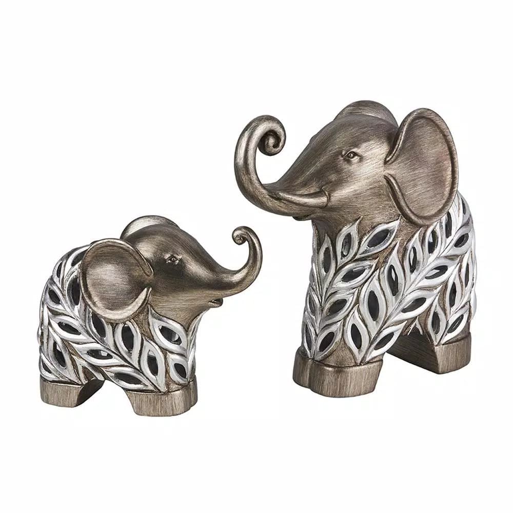 Unbranded Kiara Silver Elephant Figurine Set of 2 - Modern Resin Peacock Feather Decor