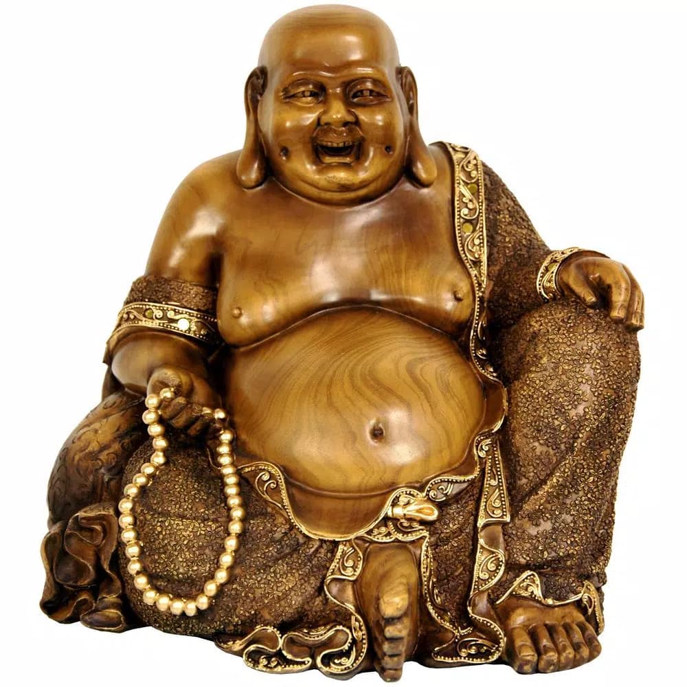 Oriental Furniture 10.5 in. Sitting Hotei Happy Buddha Decorative Statue, Gold Resin