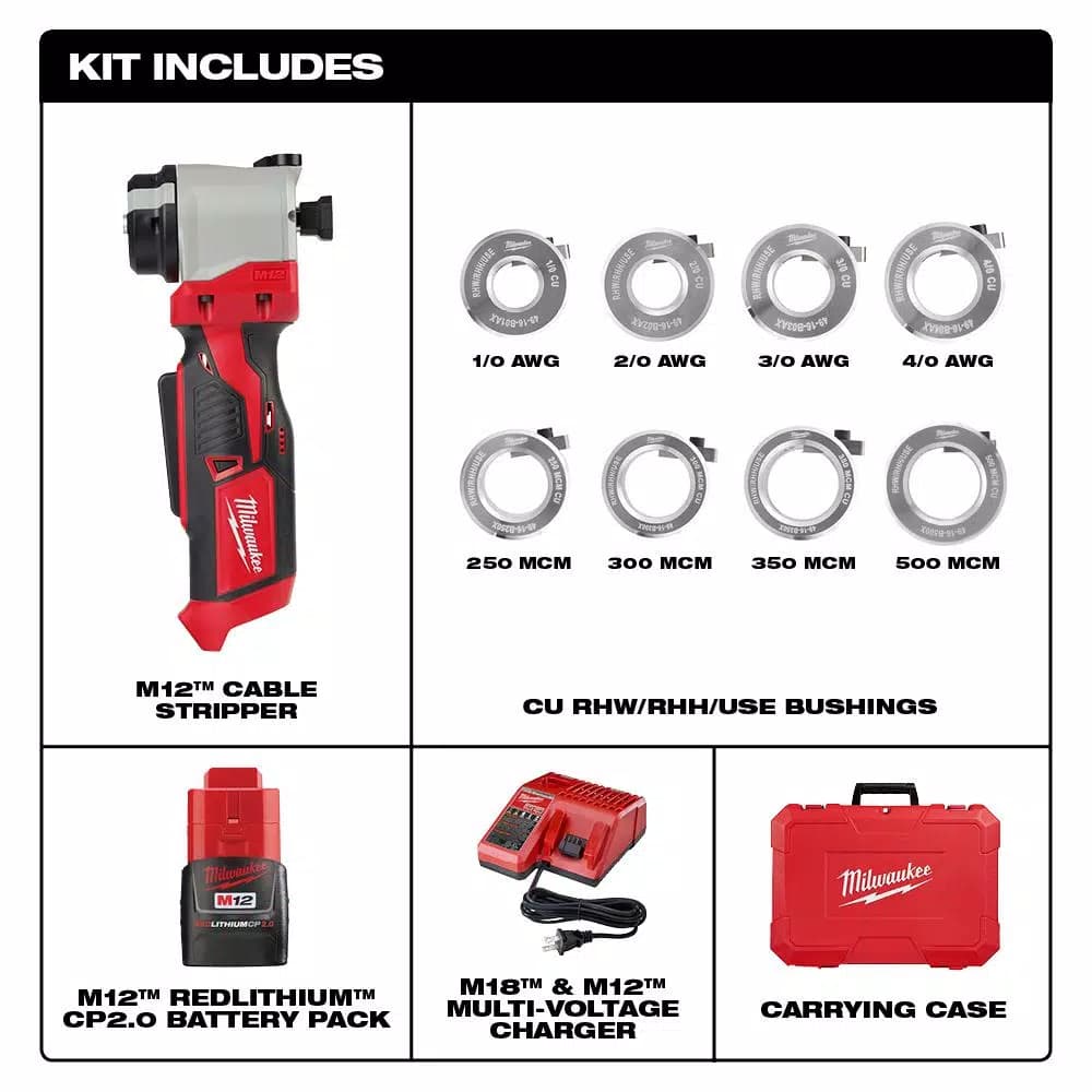 Milwaukee M12 Cordless Cable Stripper Kit for Cu RHW/RHH/USE Wire