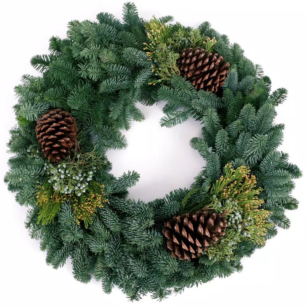 VAN ZYVERDEN 24 in. Fresh Cut Pacific Northwest Mixed Christmas Wreath with Noble Fir, Cedar, Juniper, and Pine Cones
