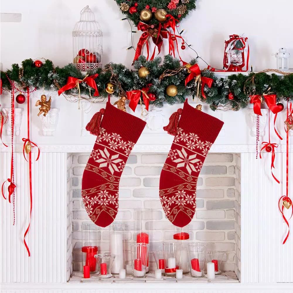 Glitzhome 24 in. Red Knitted Acrylic Snowflake Christmas Stocking (2-Pack)