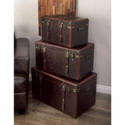 LITTON LANE Globetrotter Wood and Matte Brown Leather Decorative Trunk Set of 3 thumbnail 8