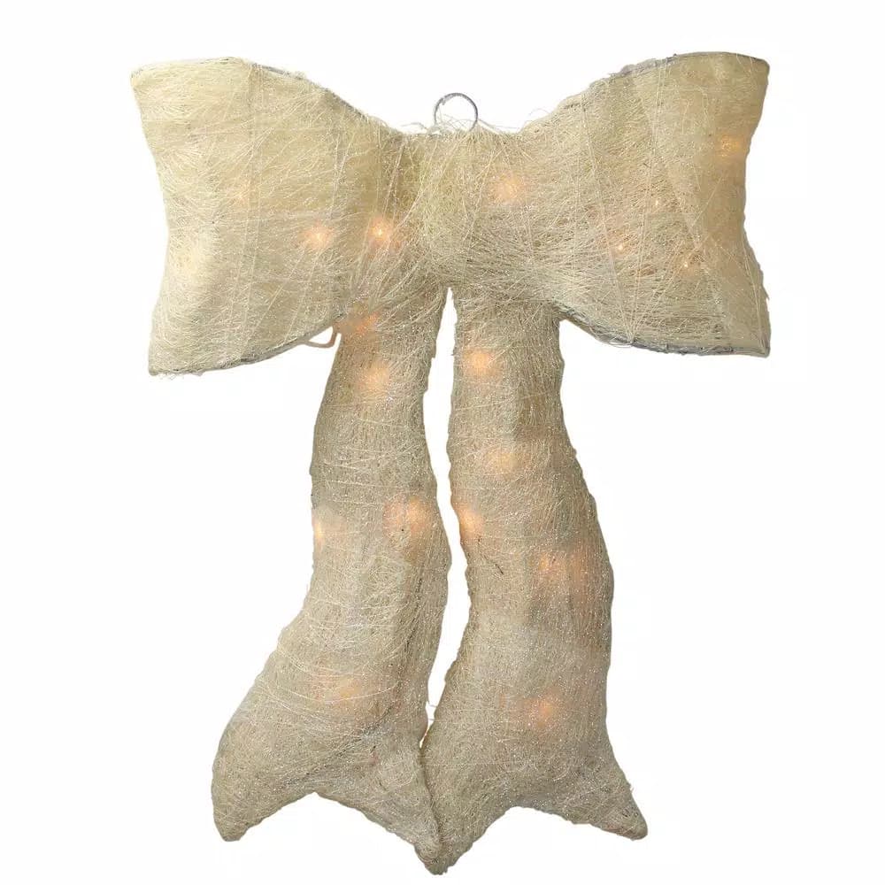 Northlight 18 in. Lighted Sparkling White Sisal Bow Christmas Decoration, Indoor/Outdoor