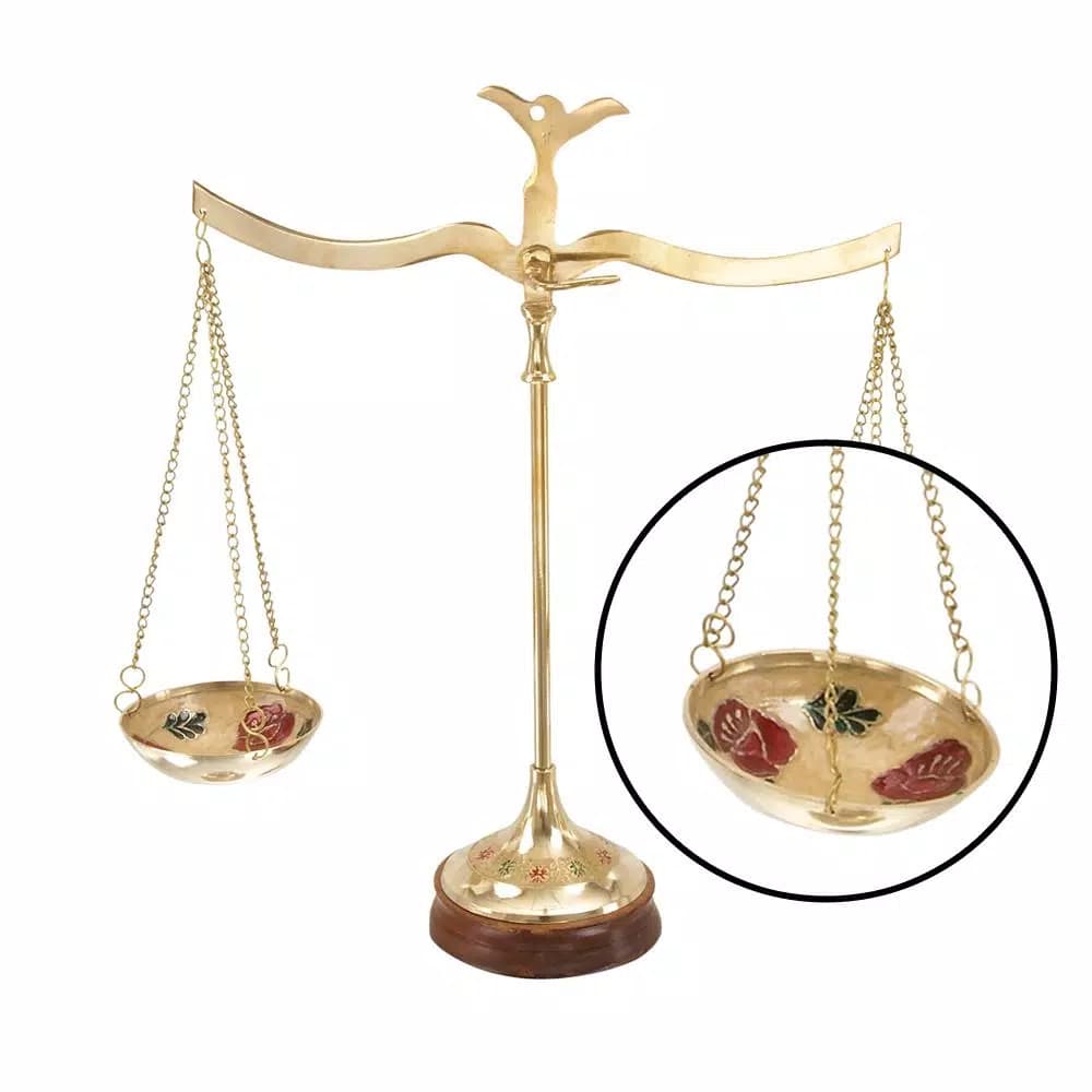 LITTON LANE 12 in. Polished Brass Equilibrium Scale Decor with Floral Embroidery and Wood Base