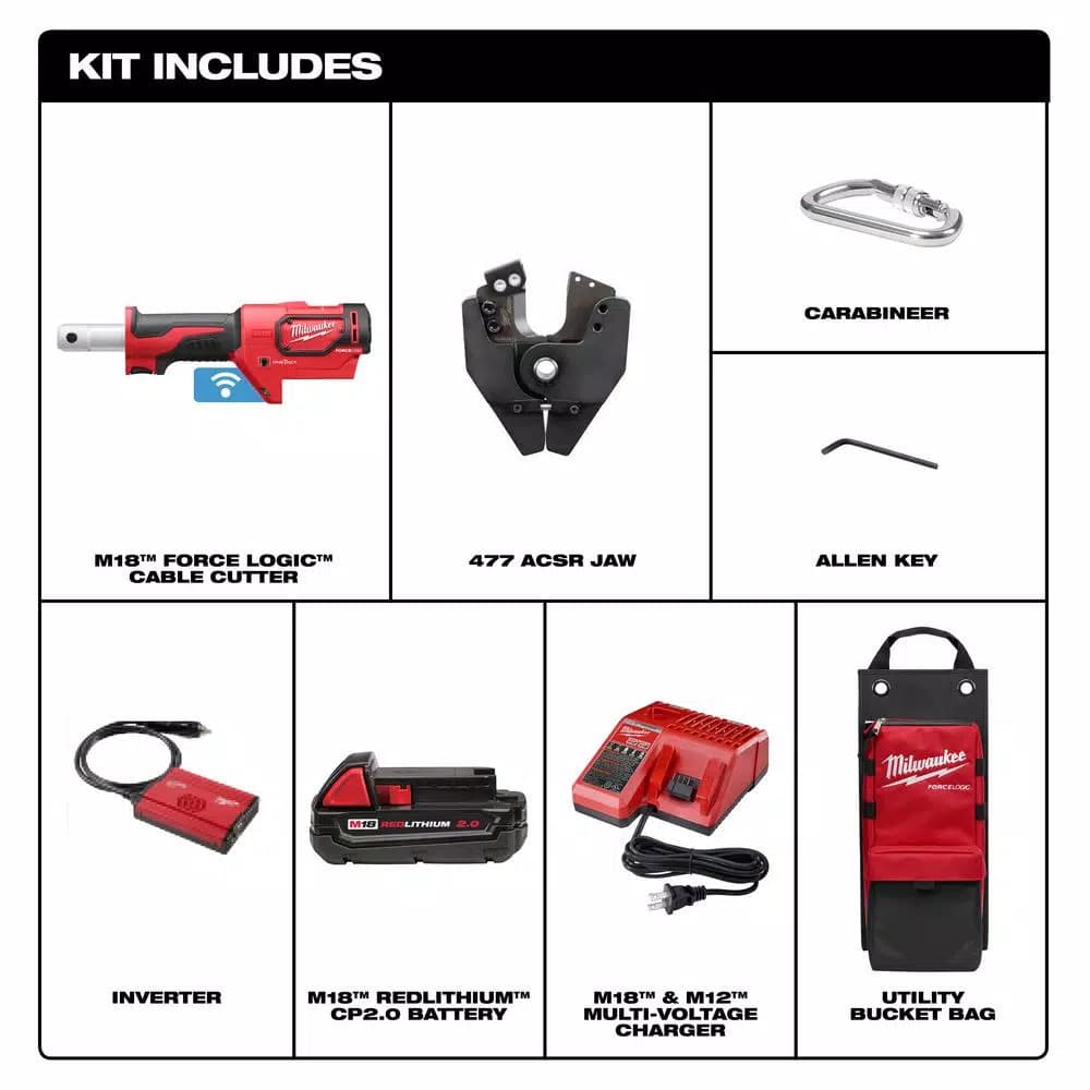 Milwaukee M18 FORCE LOGIC Cordless Cable Cutter Kit with 477 ACSR Jaws, 2.0Ah Battery & Charger