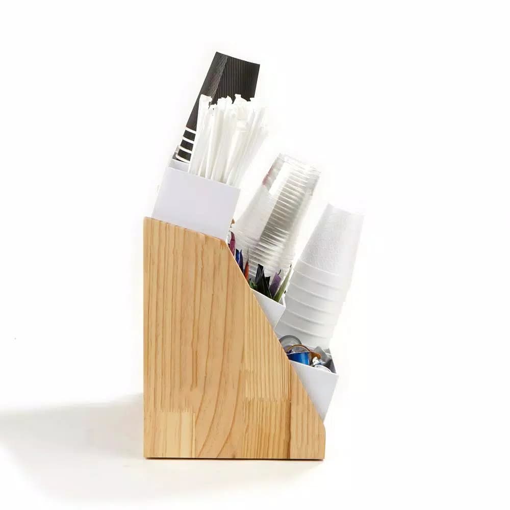 Mind Reader 9-Compartment White Condiment Organizer with Natural Wood Bamboo Base