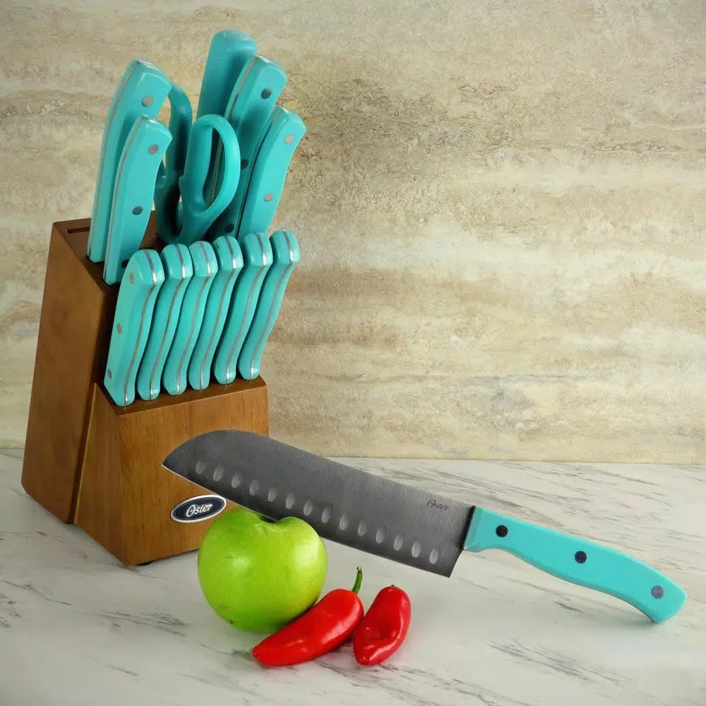 Oster Evansville 14-Piece Stainless Steel Knife Set with Rubberwood Block