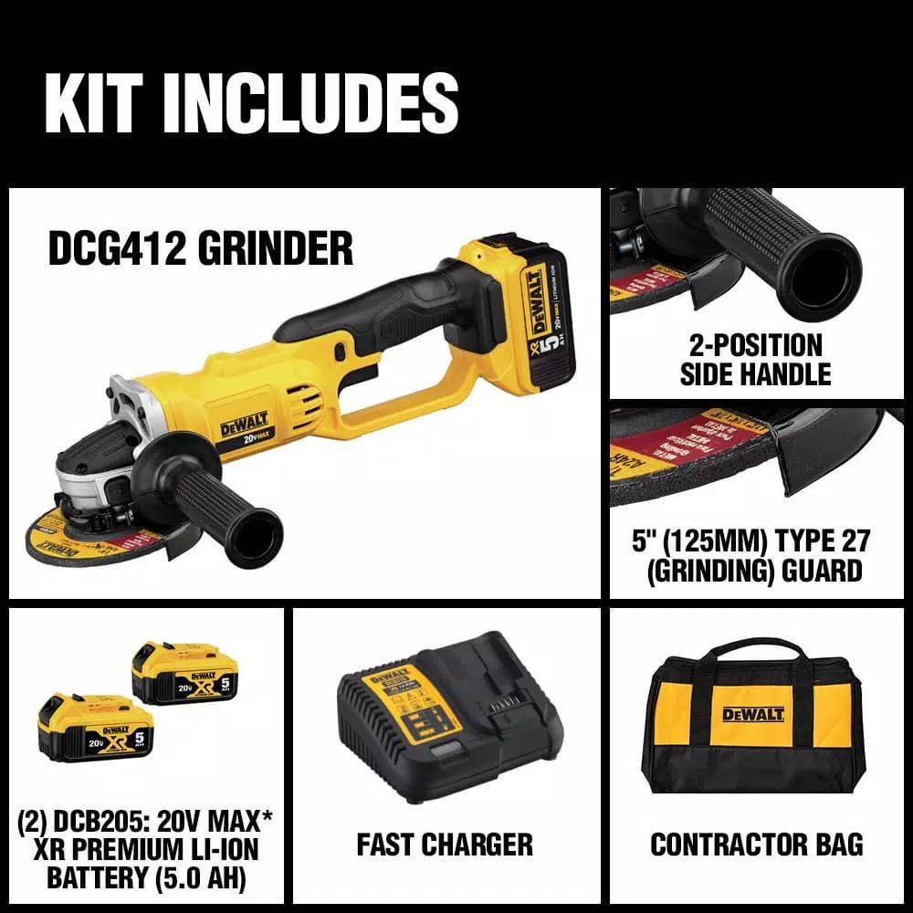 DEWALT 20V MAX Cordless 4.5-in. to 5-in. Angle Grinder Kit with (2) 5.0 Ah Batteries and Charger