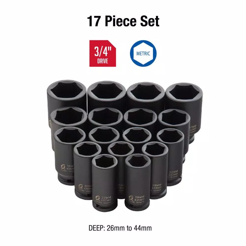 SUNEX TOOLS Sunex 468 3/4 in. Drive Deep Metric Impact Socket Set, 17-Piece
