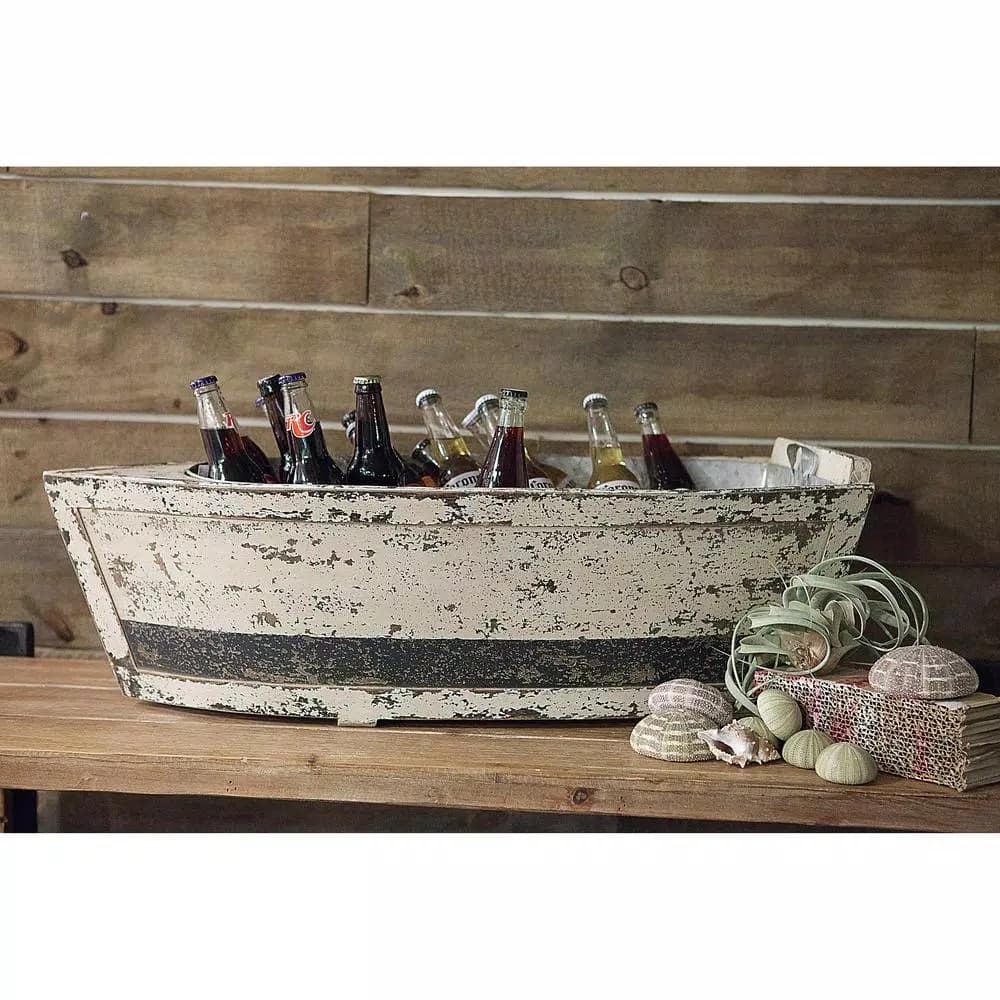 3R Studios Distressed Wood Decorative Boat with Tin Insert - Nautical Display Container