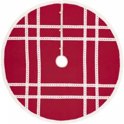 VHC Brands 55 in. Red Margot Farmhouse Christmas Tree Skirt with Diamond Lace and Creme Chambray thumbnail 1