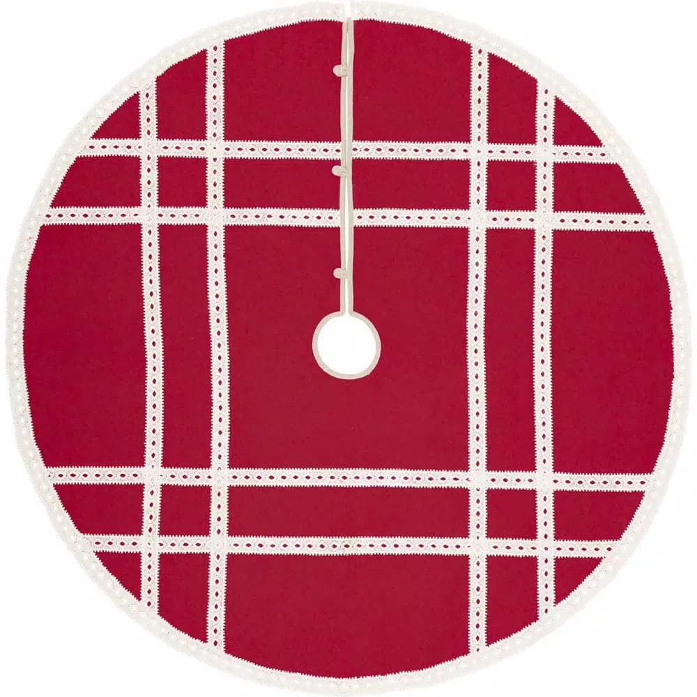 VHC Brands 55 in. Red Margot Farmhouse Christmas Tree Skirt with Diamond Lace and Creme Chambray