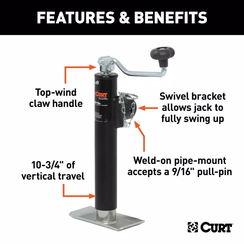 CURT Pipe-Mount Swivel Trailer Jack with Top Handle, 2,000 lbs. Capacity, 10 in. Travel