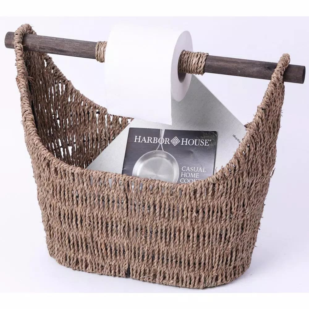 Unbranded Seagrass Magazine and Toilet Paper Holder Basket with Wooden Rod - Natural