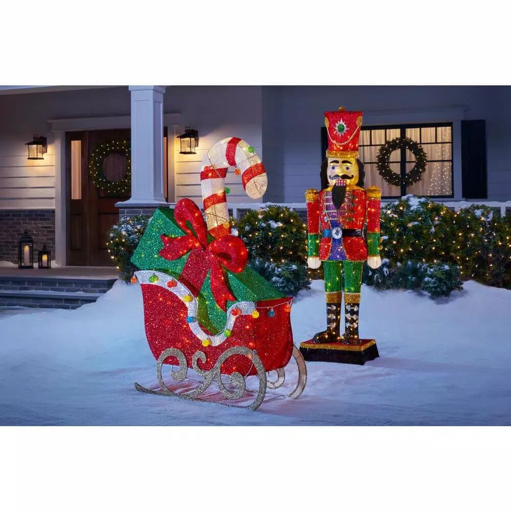 Home Accents Holiday 61 in. LED Sleigh with Presents Yard Decoration, Cool White Lights