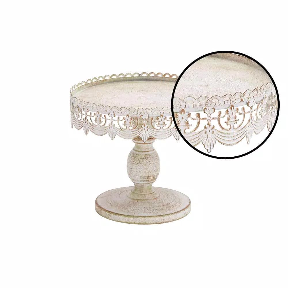 LITTON LANE 10 in. Round Whitewashed and Rust Brown Iron Cake Stand with Pierced Floral Bunting