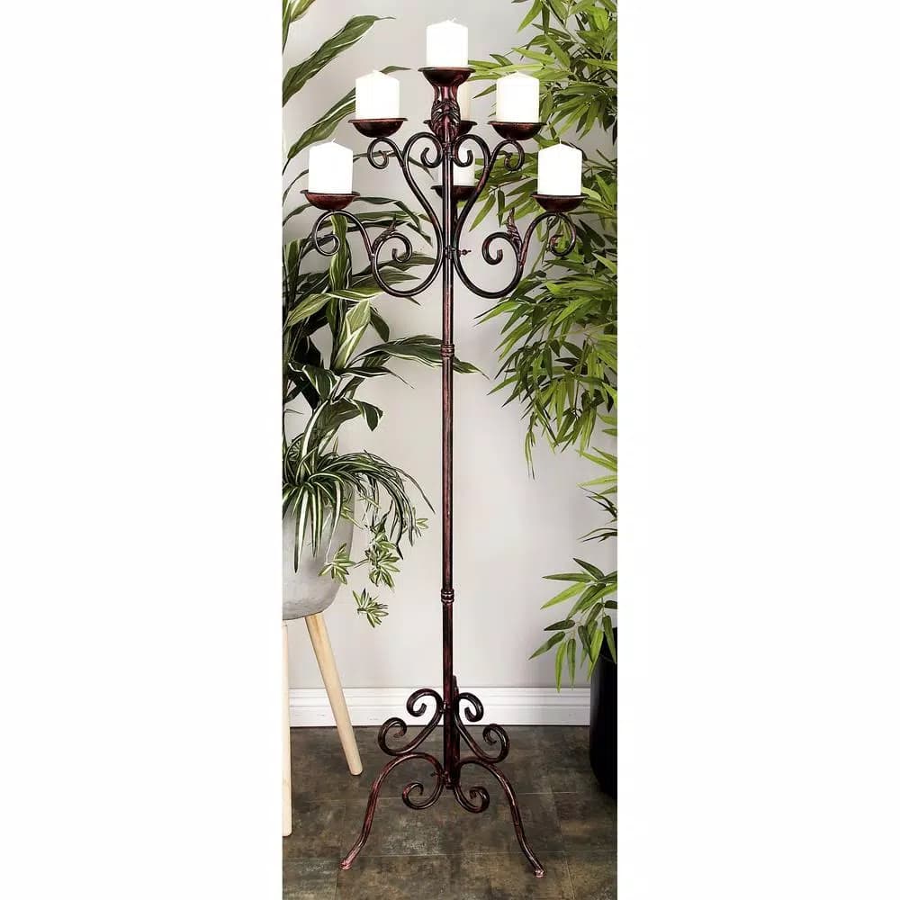LITTON LANE 61 in. Brown Iron Scroll Design 7-Light Candelabra Floor Stand