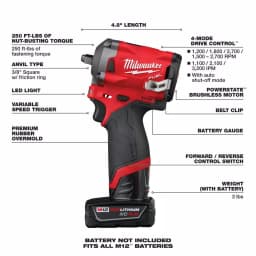Milwaukee M12 FUEL 3/8 in. Stubby Brushless Cordless Impact Wrench Kit with Two Batteries and Charger thumbnail 4